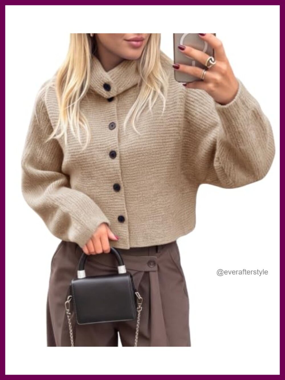 Mock Neck Button Down Cropped Cardigan Lantern Sleeve Acrylic Blend